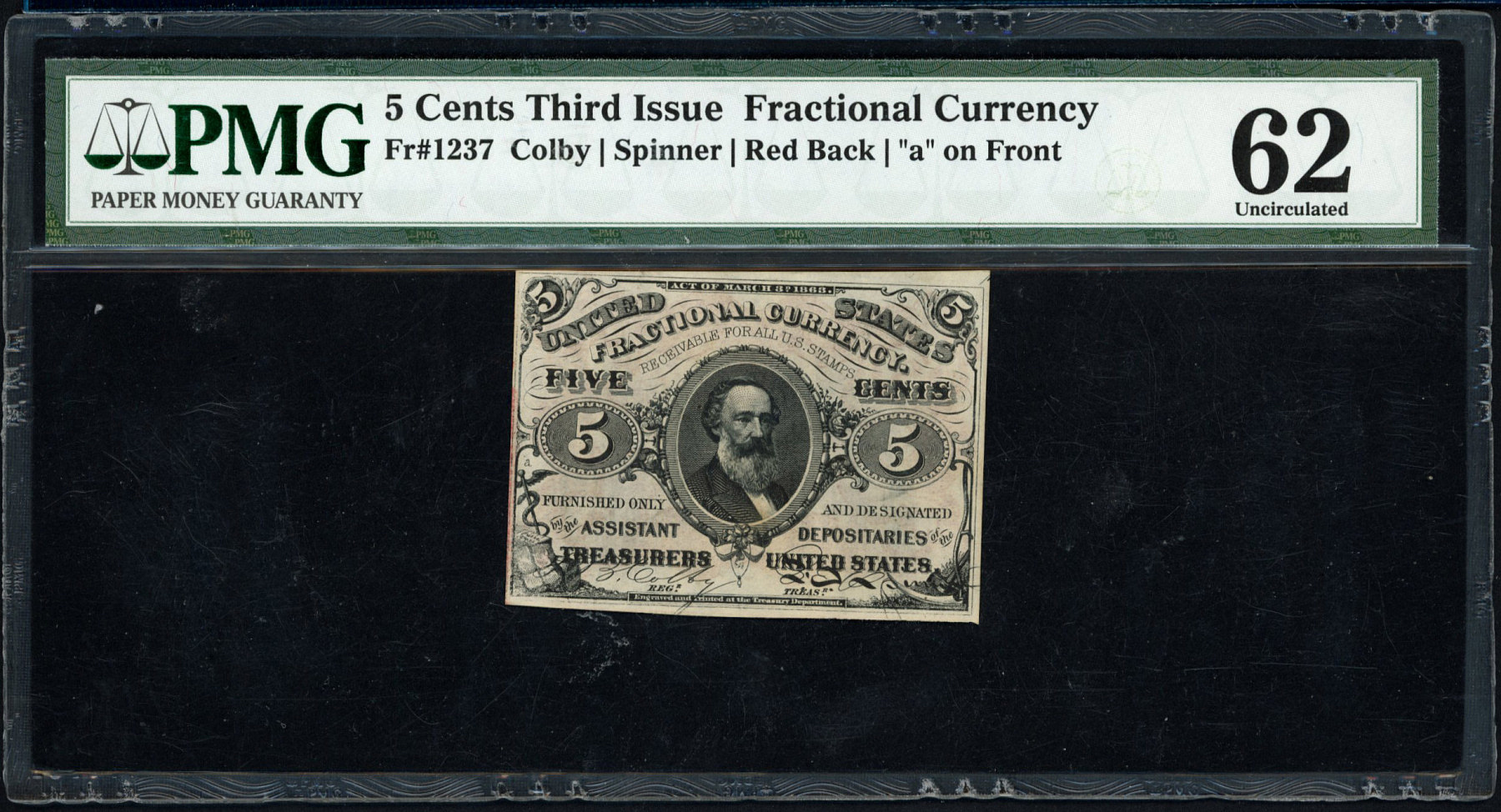 Fr 1237 Third Issue 5 Cents Fractional Currency Note Colby  Spinner  Red Back  a on Front PMG Uncirculated 62