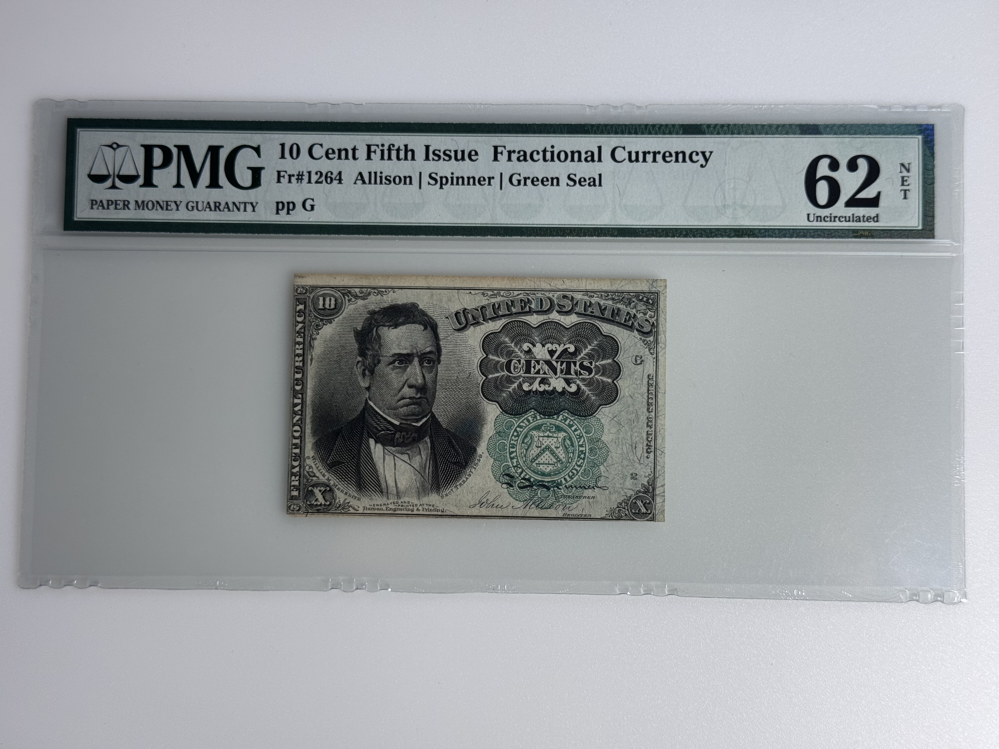 Fr 1264 Fifth Issue 10 Cents Fractional Currency Note Allison  Spinner  Green Seal PMG Uncirculated 62 Net