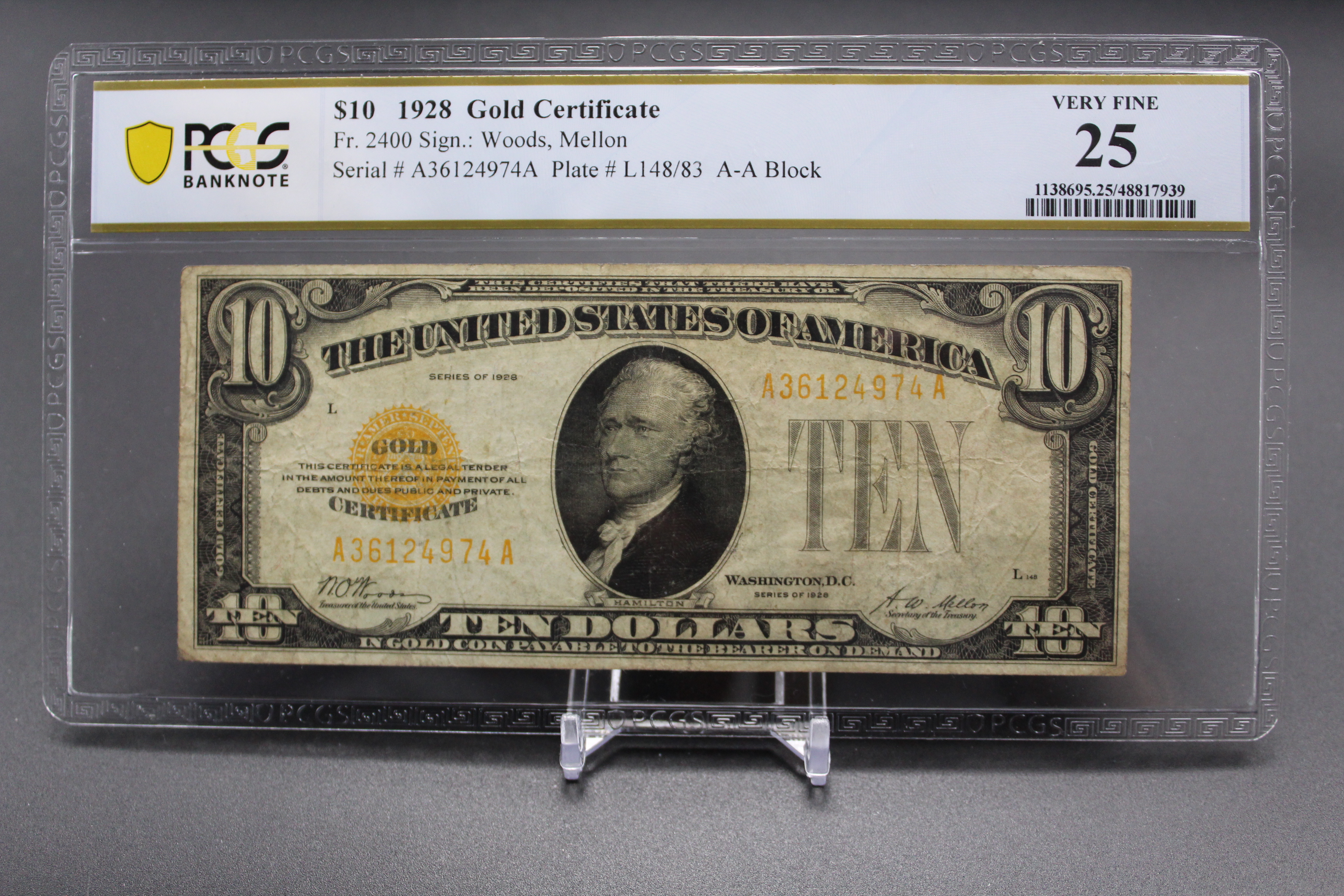 Fr 2400 AA Block 1928 10 Gold Certificate Note Woods  Mellon PCGS Banknote Very Fine 25