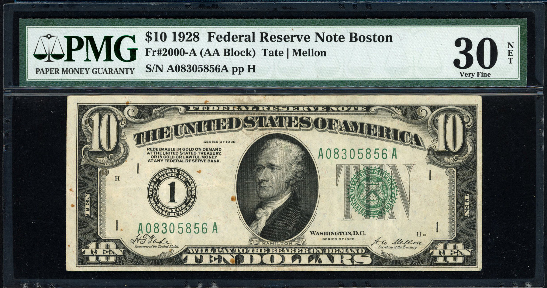 Fr 2000-A AA Block 1928 10 Boston Federal Reserve Note Tate  Mellon PMG Very Fine 30 Net