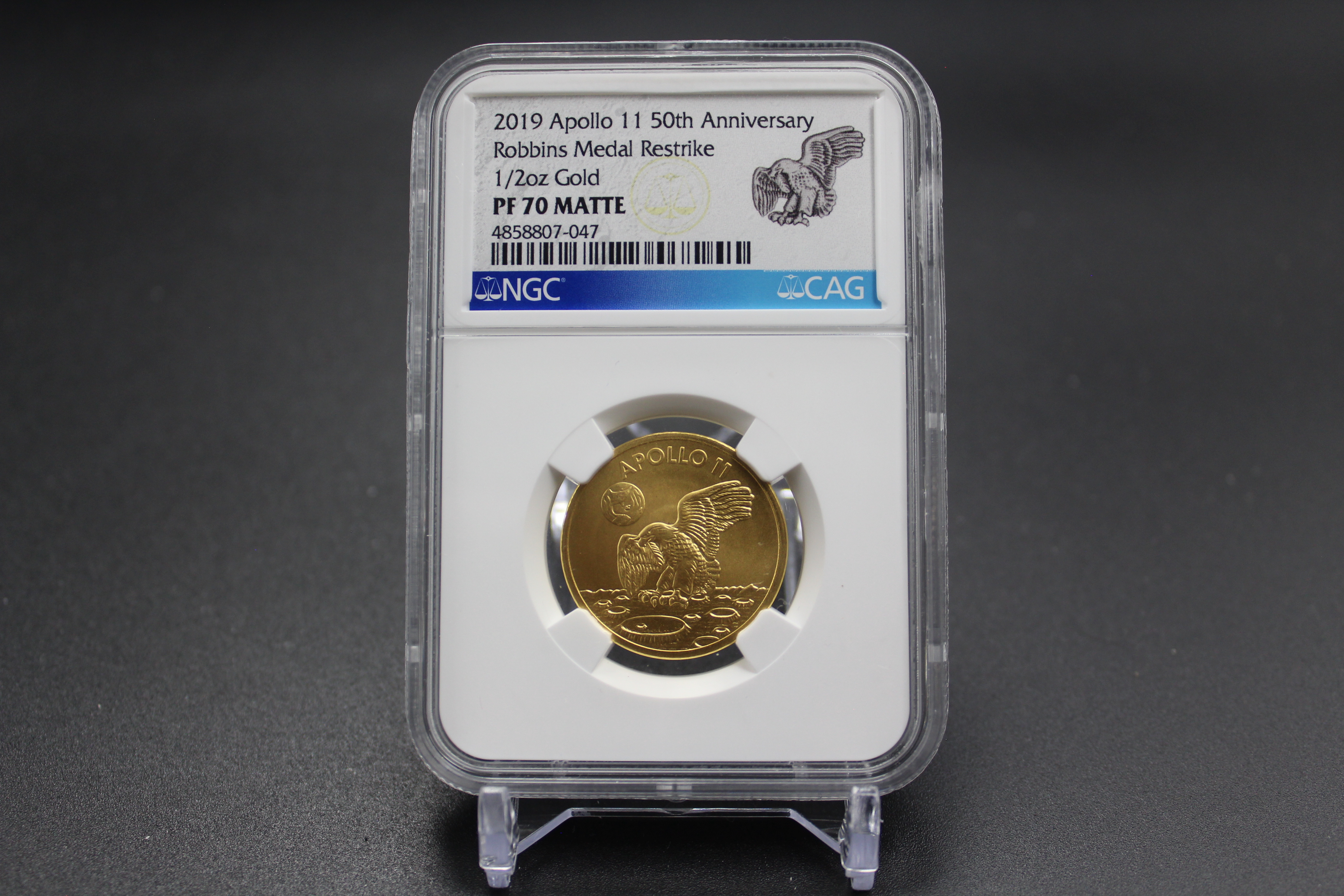 2019 Gold 1/2oz Apollo 11 Robbins Medal Restrike in Display Case NGC Proof-70 Matte AGW  0.4995 oz
