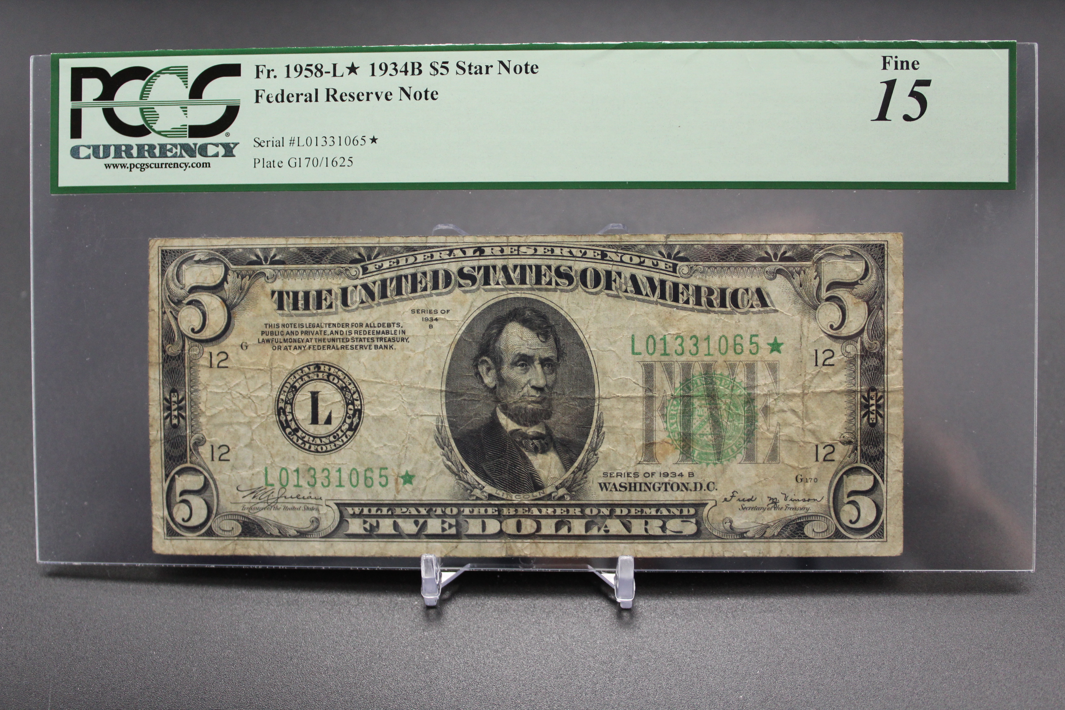 Fr 1958-L 1934B 5 Silver Certificate PCGS F15